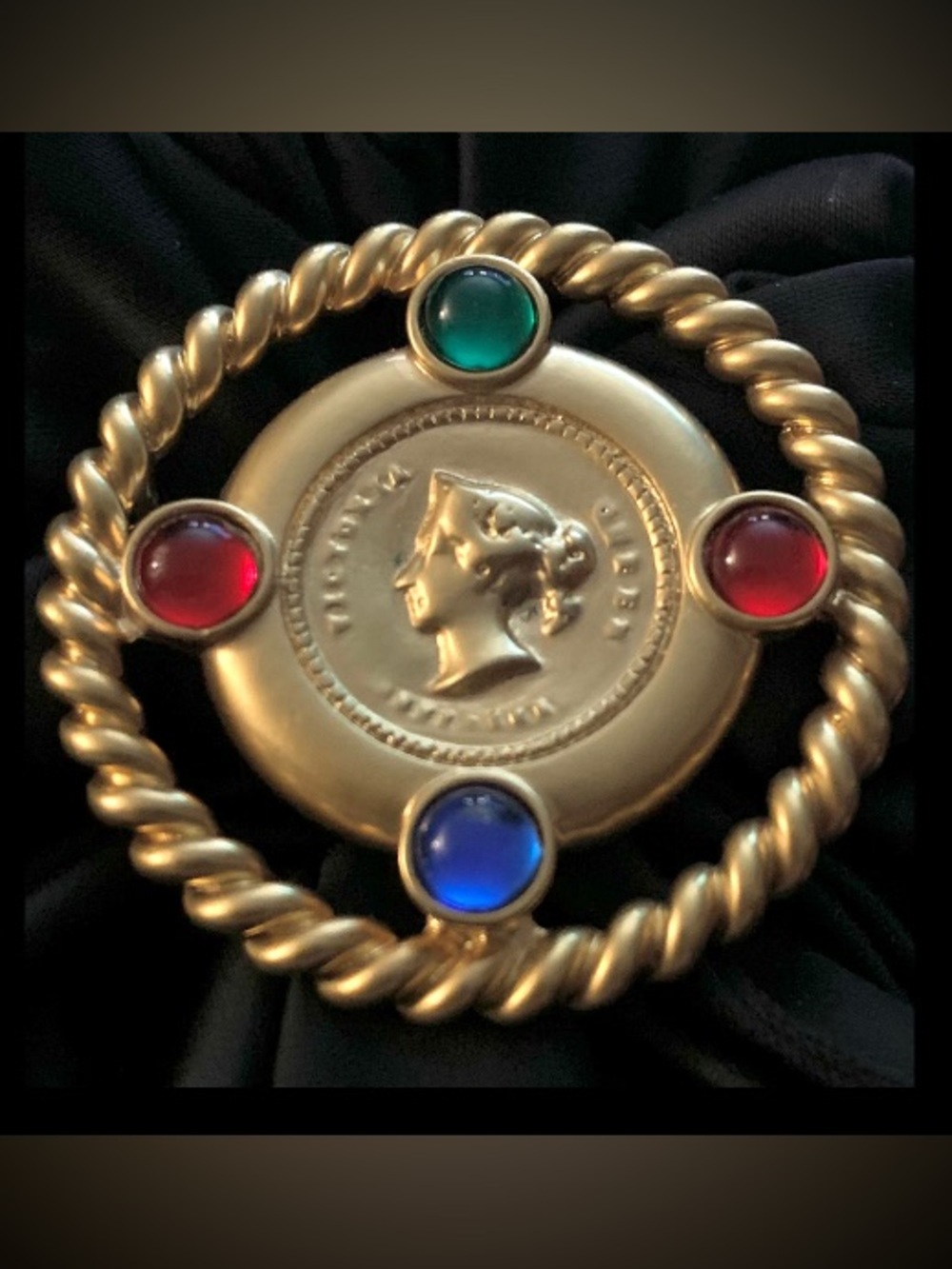 Gold-Tone Queen Victoria Medallion Brooch with Red, Green & Blue Cabochons
